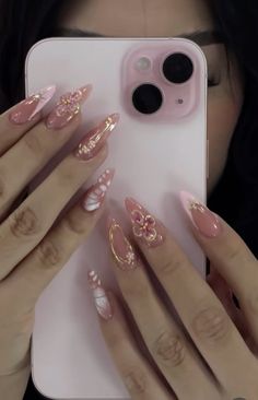 Aesthetic Gel X Nails, Kali Uchis Aesthetic Nails, Baddie Nails Almond Shape, Fairy Almond Nails, Almond Gel X Nail Designs, Quinceanera Nails Pink, Pink Nail Inspo Almond, Gelx Inspo Nails, Pink Almond Nails Design