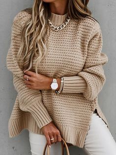 Shop Affordable Women Sweaters Spring/Fall Sweater Casual Sweater Plain Sweater Loose Daily Mock Neck Long Sleeve On Justfashionnow.com Split Sweater, Oversize Pullover, Pull Oversize, Winter Pullover, Estilo Chic, Knitting Women Sweater, Loose Sweater, Pullover Shirt, 가을 패션