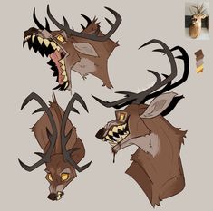 three deer heads with large horns and sharp fangs