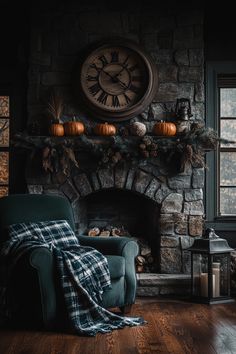 a living room filled with furniture and a fire place covered in a tartan blanket