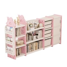 a toy doll house with pink furniture and accessories on it's shelves, against a white background