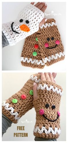 crocheted gingerbread mitts are shown with the text, free pattern