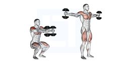 the muscles are shown in three different positions, including one man with dumbbells