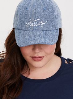 A casual denim hat has matching embroidery for a cool look that has goes-with-everything appeal. 'Whatevs' embroidery. Adjustable tab back. 24” inner circumference. Cotton/polyester/rayon. Imported plus size hats. The best plus size women's denim 'whatevs' baseball cap caps in blue. Matching Embroidery, Navy Wrap Dress, Fitted Tunic Tops, Straw Boater Hat, Fur Pom Pom Beanie, Fitted Tunic, Boho Hat, Cool Look, Black Baseball Cap