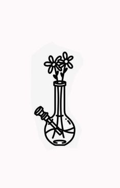 a black and white drawing of a vase with flowers in it