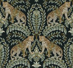 a wallpaper pattern with leopards and leaves on black, green and gold colors