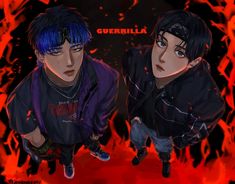 two young men with blue hair are standing in front of a red fire and black background