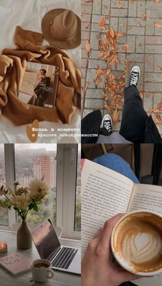 collage of photos with coffee, book and hat on the table in front of a window