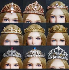 several pictures of different tiaras and crowns on mannequin headdresses