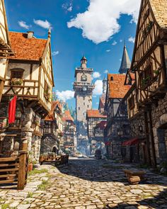 an old european town with cobblestone streets