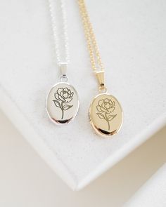 PHOTOS: No inserts, the photos are glued on. Please message us your photos after you place your order! ADDITIONAL ENGRAVING: Add this to your order: https://etsy.me/3CTK74W METAL/MATERIAL: 14K Gold Filled / Sterling Silver / 14K Yellow Solid Gold The metal material are stamped on the back of the locket. LOCKET DIMENSIONS: Locket Size - 19mm x 10mm (small) including the bail. Please check sizing before ordering. CHAIN: Sturdy 1mm smooth chain. The chain material matches the material of the locket Dainty Personalized Oval Locket Necklace, Dainty Oval Locket Necklace For Anniversary, Dainty Oval Personalized Locket Necklace, Rose Gold Locket Necklace For Mother's Day Anniversary, Rose Gold Locket Necklace For Anniversary On Mother's Day, Rose Gold Locket Necklace For Anniversary And Mother's Day, Elegant Birth Flower Locket Necklace, Dainty Rose Gold Locket Necklace For Anniversary, Mother's Day Anniversary Oval Locket Necklace