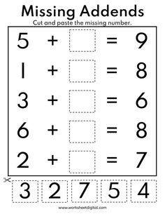 missing addends worksheet for kids to practice number recognition and addition skills