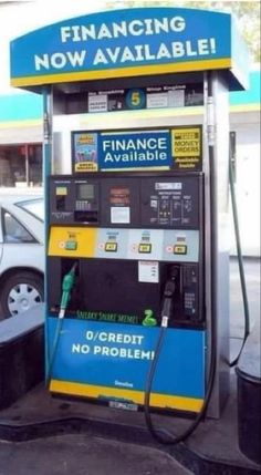 a gas pump is shown with the words finance available and no problem written on it