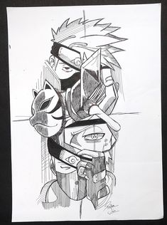 a black and white drawing of a cartoon character holding onto another character's arm