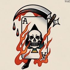 a playing card with a skull on it and flames coming out of the bottom half