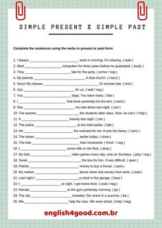 simple present simple past worksheet with the words in english and spanish on it