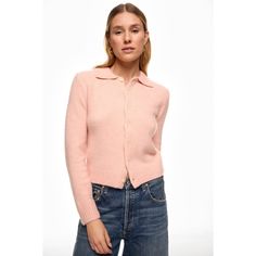 Pink (Acrylic 52%, Nylon 28%, Wool 10%, Mohair 6%, Polyurethane 3%). Knits. Collared. Long Sleeve. Front Button Closure. Shoulder to Hemline Length: 19". Imported. Trendy Collared Cardigan With Button Closure, Winter Button-up Knit Polo Sweater, Winter Button-up Polo Sweater, Button-up Knit Polo Sweater For Winter, Knit Button-up Polo Sweater For Winter, Winter Knit Button-up Polo Sweater, Spring Wool Cardigan With Buttons, Fitted Collared Cardigan With Button Closure, Fitted Polo Sweater With Buttons For Fall