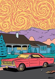 a red car parked in front of a house with swirly clouds above it and trees