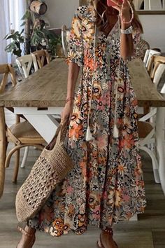 Hot Sale - Cherieday Loose Maxi Dress, Elegant Maxi Dress, Short Sleeve Maxi Dresses, Flowy Maxi Dress, Printed Long Dresses, Half Sleeve Dresses, Long Dress Casual, Floral Print Maxi Dress, Floral Print Maxi