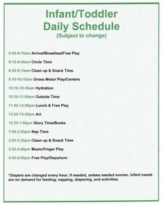 an info sheet for the infant / toddler daily schedule