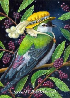 a painting of two birds sitting on top of a tree branch with berries around them