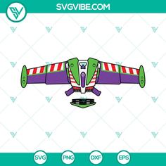 the green and purple airplane is flying through the air with its wings spread out,