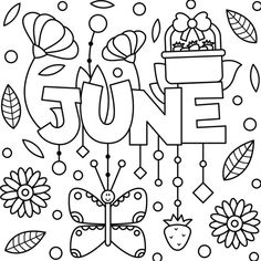 the word june is surrounded by flowers, butterflies and other things in black and white