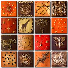 many different types of wall hangings with gold and red designs on them, including giraffes