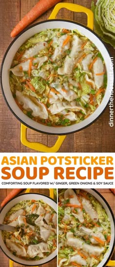 Asian Potsticker Soup is a fragrant and comforting chicken soup with tender, filling potstickers flavored with fresh ginger, green onions, and soy sauce. #dinner #soup #potstickers #dumplings #dinnerthendessert 30 Minute Asian Meals, Chicken Pot Stickers Recipe Easy, Asian Potsticker Soup, Pot Stickers Soup Recipe, Pot Stickers Meal Ideas, Potstickers Soup Recipe, Chicken Potsticker Soup, Korean Cabbage Soup, Recipes Using Potstickers