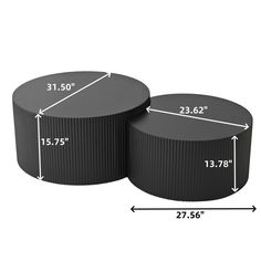 two black round tables with measurements for each one