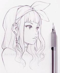 a drawing of a girl with long hair and a bow on her head, next to a pen