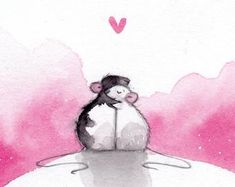 a drawing of a mouse sitting on top of a white surface with a pink heart in the background