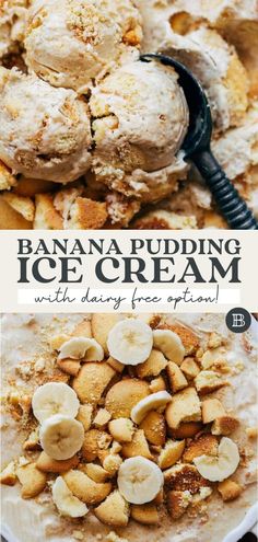 banana pudding ice cream with dairy free options in the bottom and an image of sliced bananas on top