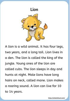 an animal poem with the words lion on it and a cartoon image of a cat