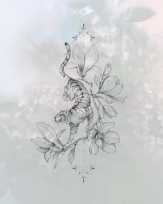 a black and white drawing of a lizard on a branch with flowers in the background