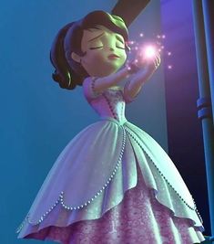 a cartoon girl in a pink dress holding a light up wand with her eyes closed