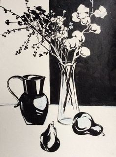 a black and white drawing of flowers in a vase with pears on the table