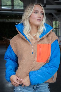 General Info: 100% Polyester Hand Wash Cold; Hang Dry Half Zip Chest Pocket Contrast Materials Adjustable Waist Synch Imported FIT GUIDE: Fit: Relaxed & Cropped Fabric Elasticity: No stretch Fabric Texture: Fleece/Quilted Puffer Model Info: Height: 5’8” | Bust: 30.5” | Waist: 23.5” | Hip: 33” | Size Shown: Small Brown Half-zip Top For Winter, Cozy Brown Top For Cold Weather, Cozy Tops With Pockets For Cold Weather, Brown Tops With Pockets For Layering, Casual Brown Half-zip Top, White Jumpsuit Dress, Fleece Quilt, Plus Size Outerwear, Loungewear Sets