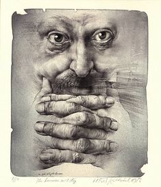 an old man's face with his hands over his mouth and the eyes open