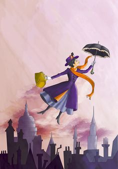 a painting of a woman flying through the air with an umbrella in front of a cityscape