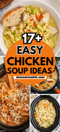 Chicken soup recipe photo collage with text overlay. Flavorful Chicken Soup Recipes, Soup Recipes Comfort, Dinner Ideas For Fall Weather, Soup Recipes Crockpot Easy, Cheap Chicken Soup Recipes, Make Ahead Soup, The Best Soup, Chicken Crockpot Recipes Soup, Best Homemade Chicken Soup Recipe