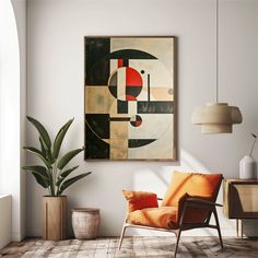 a living room with a chair, potted plant and large painting on the wall