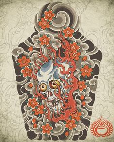 a skull with red flowers on it's head and an ornate design in the background