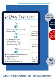 the disney flight chart for park rides and attractions is shown with information about how to use it