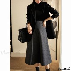 Olivia Mark - Elegant Woolen Tweed Maxi Skirt with Flared Hem Umbrella Skirt, Flowy Design, Half Skirt, Elegant Skirt, Wool Skirt, Satin Skirt, Wool Skirts, Pleated Midi Skirt, Herringbone Pattern