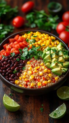 a bowl filled with beans, avocado, tomatoes and other veggies