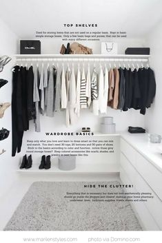 an organized closet with clothes and shoes hanging on the wall, along with text that reads top shelves