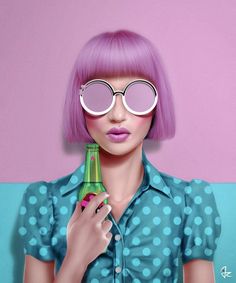 a woman with pink hair and glasses holding a green bottle