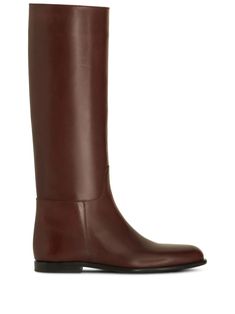 cognac brown calf leather smooth grain almond toe calf-length flat leather sole Womens Brown Riding Boots, Shoes In Style, Under The Knee Boots, Winter Shoe Trends, Style For Winter, Riding Boots Brown, Quilted Shoes, Flat Riding Boots, Fall Winter Shoes