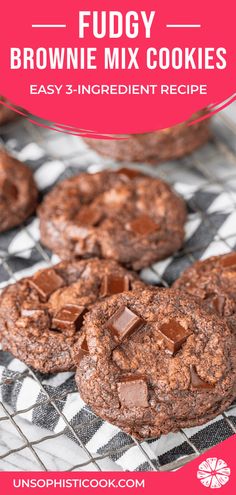 chocolate fudgy brownie mix cookies on a cooling rack with text overlay